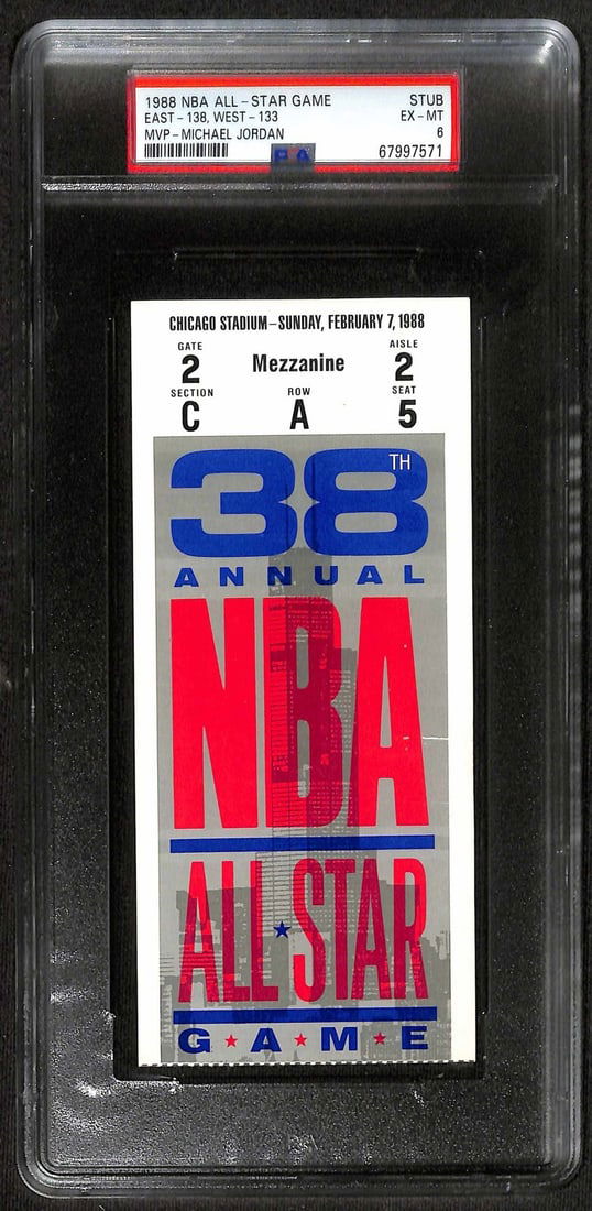 1988 NBA All-Star Game Ticket PSA EX-MT 6 Michael Jordan MVP Provenance: 1988 NBA All-Star Game Ticket PSA EX-MT 6 Michael Jordan MVP Provenance Offered here is an original 1988 NBA All-Star Game Ticket, professionally graded PSA EX-MT 6. This historic collectible comes fr
