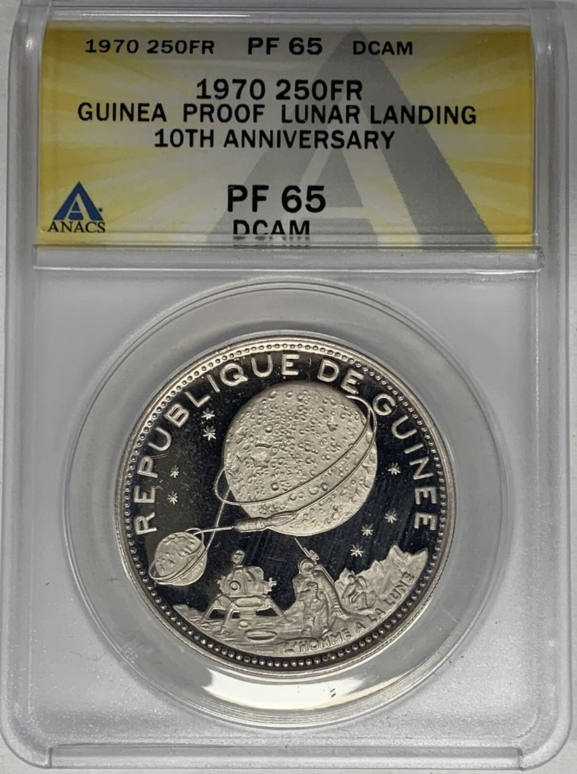 Guinea 250 Francs Silver Proof Coin 1970 Lunar Landing ANACS PR 65: Guinea 250 Francs Silver Proof Coin 1970 Lunar Landing ANACS PR 65 This is a 1970 Guinea 250 Francs proof coin commemorating the lunar landing. The coin is composed of silver and is graded PR 65 DCAM