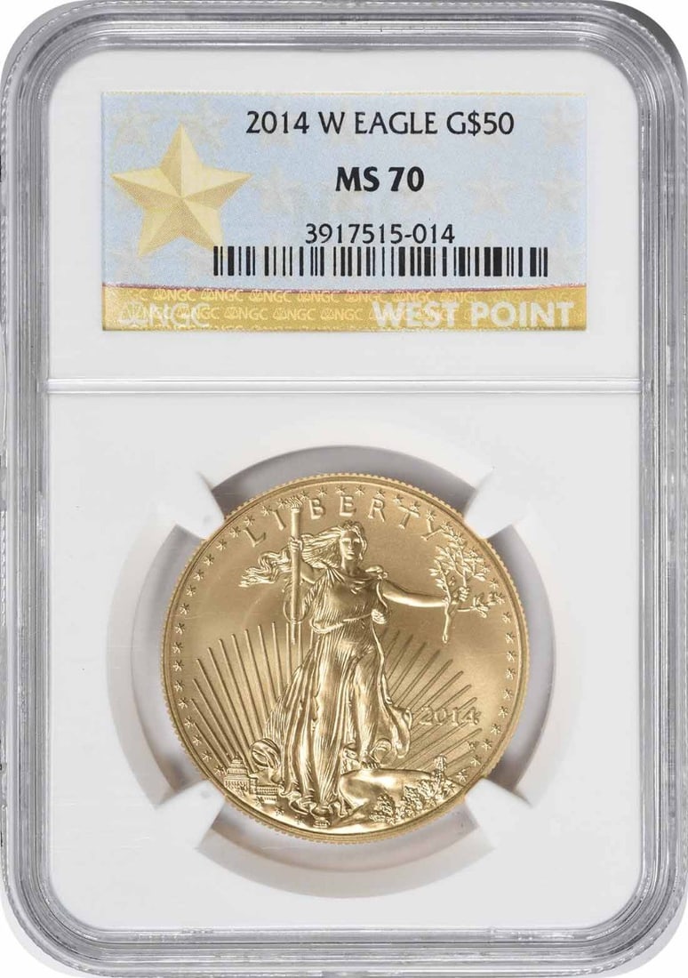 NGC MS70 Burnished 2014-W $50 Gold American Eagle Coin: NGC MS70 Burnished 2014-W $50 Gold American Eagle Coin This 2014-W $50 American Gold Eagle features a burnished finish and has been graded MS70 by NGC. Minted by the U.S. Mint at West Point, the coin
