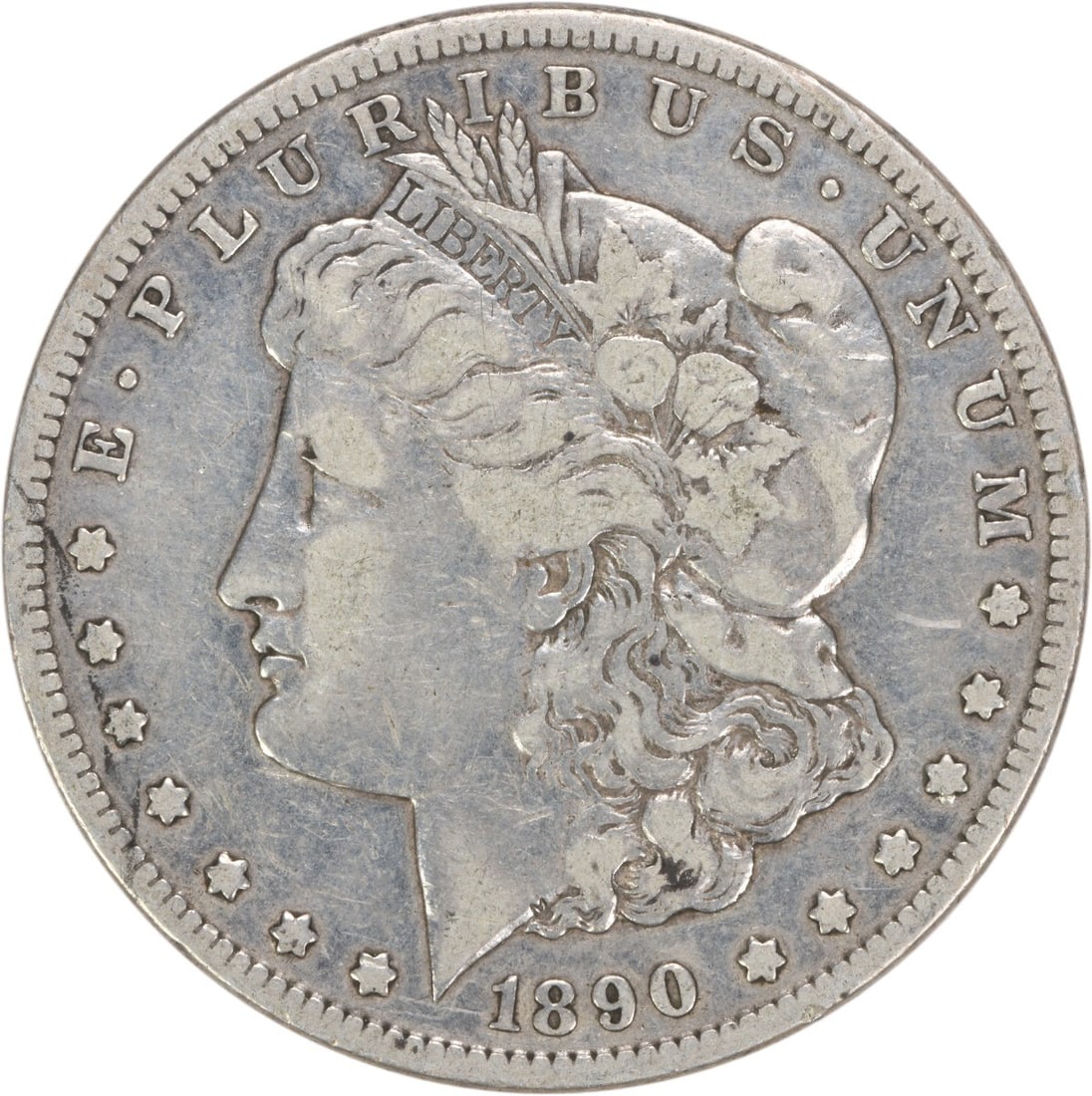 1890-CC Morgan Silver Dollar VF Uncertified 90% Silver Coin: 1890-CC Morgan Silver Dollar VF Uncertified 90% Silver Coin This 1890-CC Morgan Silver Dollar is a notable piece of numismatic history, featuring a composition of 90% silver and 10% copper. Struck at
