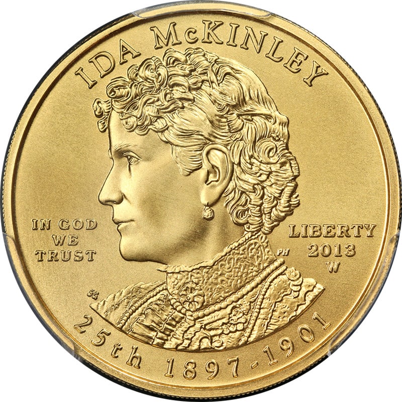 2013-W $10 Gold Ida McKinley PCGS MS69 Coin Mercanti Hand Signed Label: 2013-W $10 Gold Ida McKinley PCGS MS69 Coin Mercanti Hand Signed Label This 2013-W First Spouse Gold $10 coin honors Ida McKinley and is certified by PCGS with a grade of MS69. The coin features a han