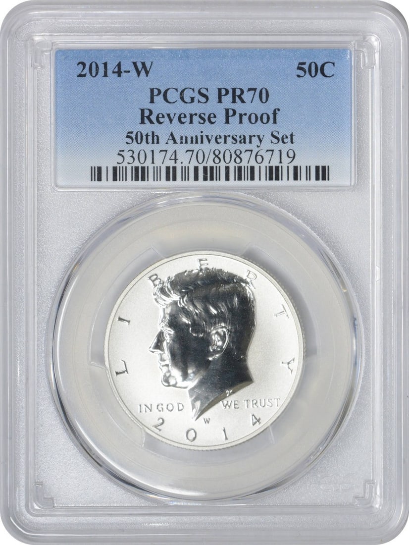 2014 Kennedy 50th Anniversary Blue Label Coin PR70 PCGS Uncirculated: 2014 Kennedy 50th Anniversary Blue Label Coin PR70 PCGS Uncirculated Celebrate the legacy of John F. Kennedy with this stunning 2014 Kennedy 50th Anniversary Set Blue Label. This single coin features