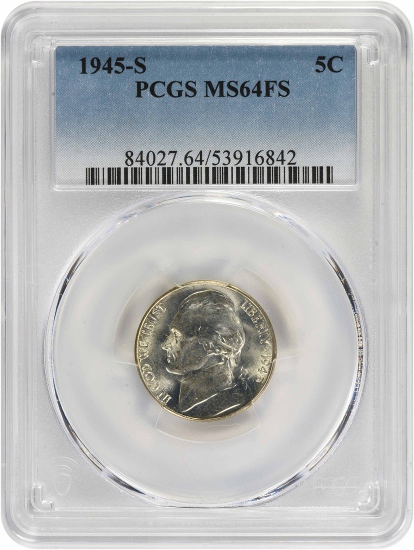 1945-S Jefferson Nickel MS64FS PCGS Uncirculated Silver Coin: 1945-S Jefferson Nickel MS64FS PCGS Uncirculated Silver Coin This 1945-S Jefferson Nickel is a stunning example of American numismatics, graded MS64 by PCGS, indicating it is uncirculated and in excel