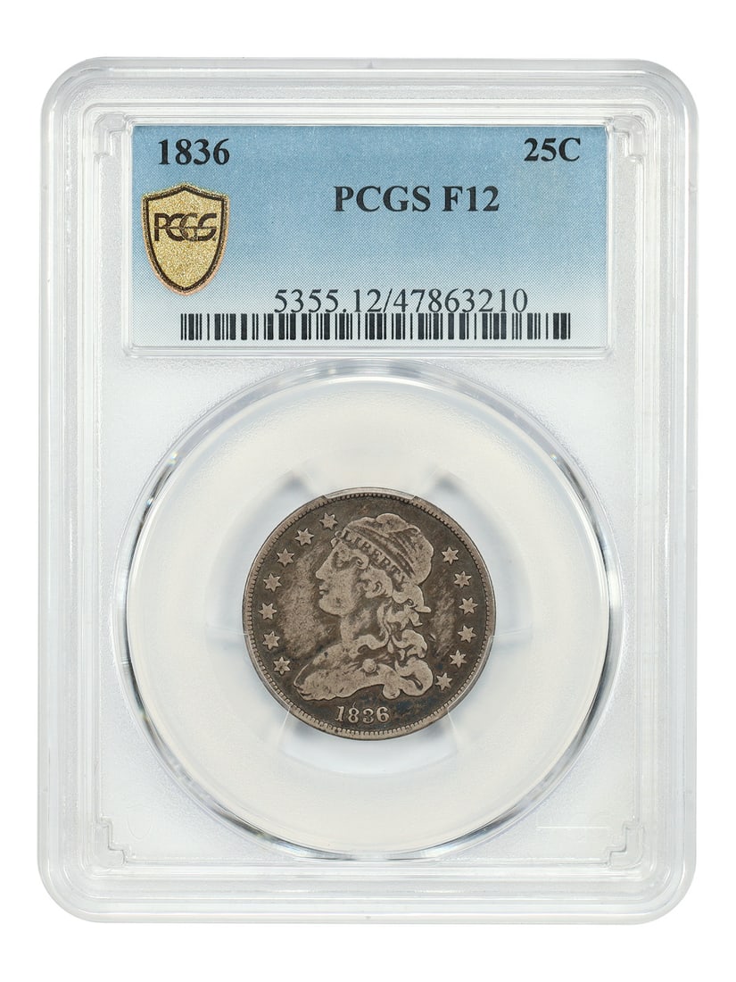PCGS Graded 1836 Capped Bust Quarter 25C Fine 12: PCGS Graded 1836 Capped Bust Quarter 25C Fine 12 This is an 1836 Capped Bust Quarter graded Fine 12 by PCGS. The coin is circulated and was minted in Philadelphia. It belongs to the Capped Bust Quarte