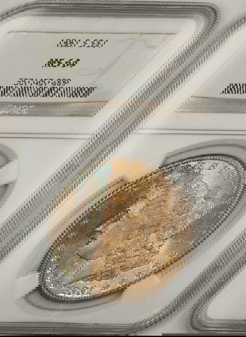 NGC MS64 1881 San Francisco Morgan Dollar Silver Coin With Attractive Toning: NGC MS64 1881 San Francisco Morgan Dollar Silver Coin With Attractive Toning This 1881-S Morgan Silver Dollar is a $1 coin from the United States, minted in San Francisco. It is composed of silver and