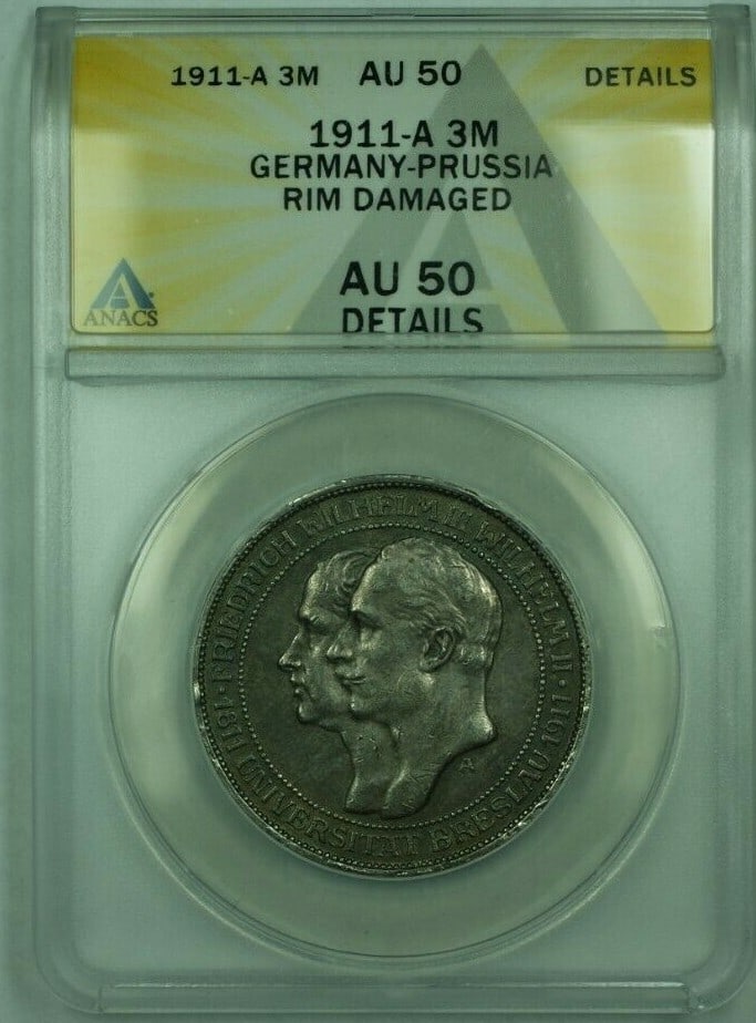 1911-A Silver 3 Mark Breslaw Commemorative Coin ANACS AU 50 Germany: 1911-A Silver 3 Mark Breslaw Commemorative Coin ANACS AU 50 Germany This 1911-A Germany-Prussia 3 Marks silver coin commemorates Breslau. Certified by ANACS with an AU-50 Details grade, the coin is co