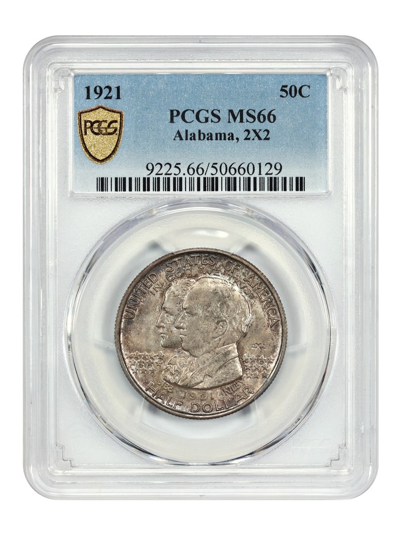 Alabama Centennial 1921 50 Cent 2x2 PCGS MS66 Silver Commemorative Coin: Alabama Centennial 1921 50 Cent 2x2 PCGS MS66 Silver Commemorative Coin This 1921 Alabama 2x2 50-cent coin is a classic silver commemorative, certified by PCGS with a grade of MS66. Struck in Philadel