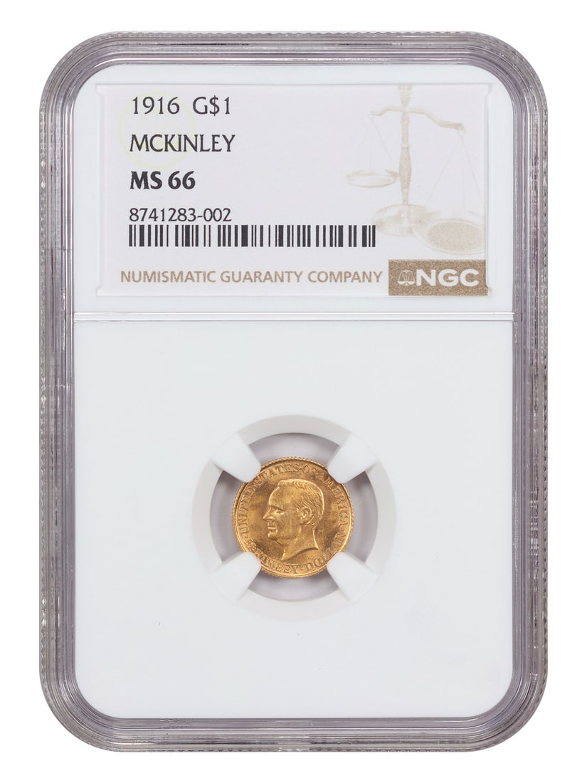 1916 McKinley Gold Dollar NGC MS66 Classic Commemorative Coin: 1916 McKinley Gold Dollar NGC MS66 Classic Commemorative Coin This is a 1916 McKinley Classic Gold Commemorative $1 coin, certified MS66 by NGC. Struck at the Philadelphia Mint, this uncirculated gold