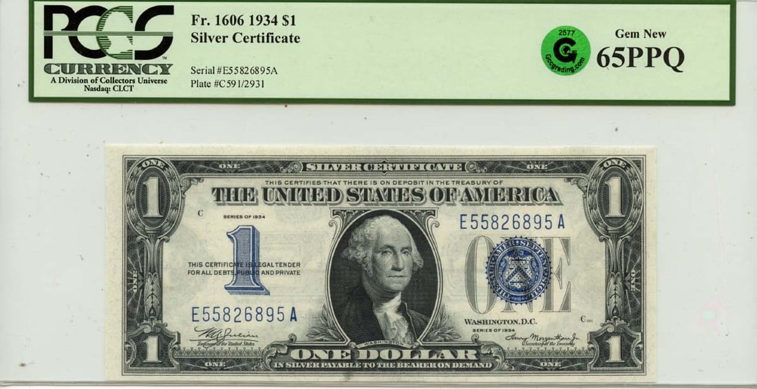 PCGS Gem 65 PPQ 1934 $1 Silver Certificate Blue Seal FR1606 Uncirculated Note: PCGS Gem 65 PPQ 1934 $1 Silver Certificate Blue Seal FR1606 Uncirculated Note This is a 1934 $1 Silver Certificate Blue Seal, type FR#1606. The note is graded PCGS Gem 65 PPQ and is uncirculated. It i