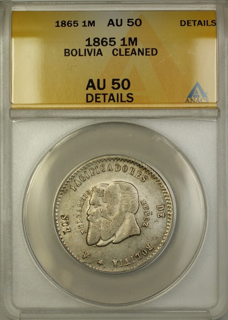 Bolivia 1865 Small Beard Silver Half Melgarejo Coin ANACS AU 50 Details: Bolivia 1865 Small Beard Silver Half Melgarejo Coin ANACS AU 50 Details This is an 1865 Bolivia Small Beard 1/2 Melgarejo silver coin, certified by ANACS with a grade of AU-50 Details and noted as cle