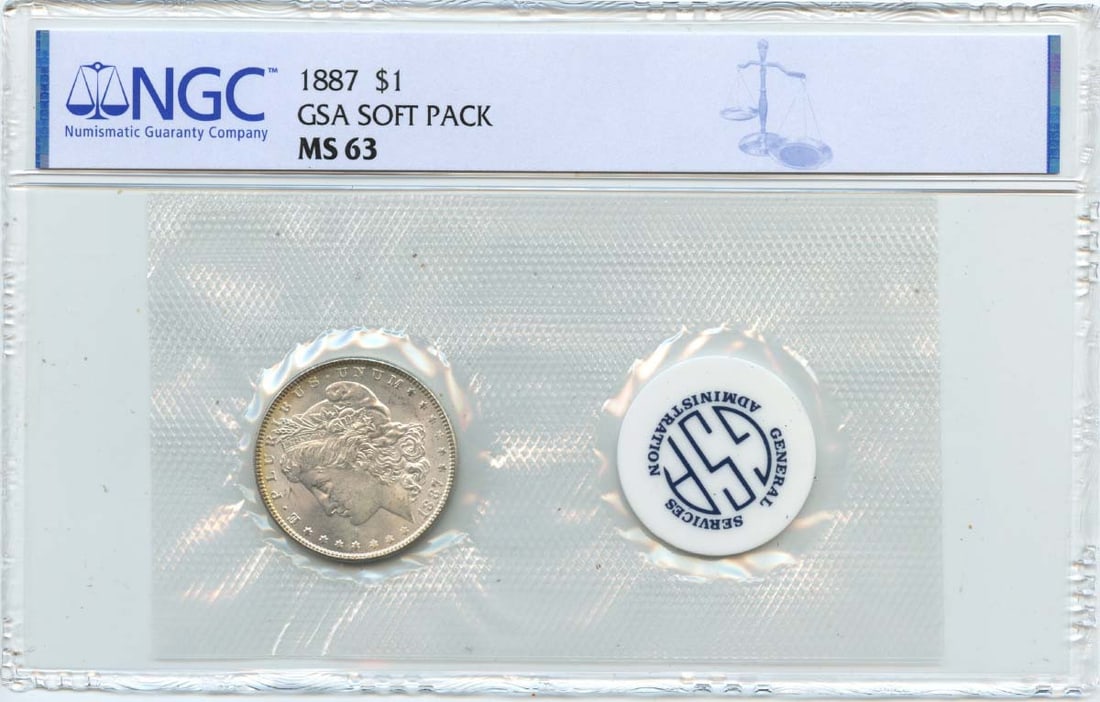 1887 Morgan Dollar NGC MS63 GSA Soft Pack Uncirculated: 1887 Morgan Dollar NGC MS63 GSA Soft Pack Uncirculated This 1887 Morgan Dollar is an uncirculated coin certified by NGC with a grade of MS63. Minted in Philadelphia, this coin showcases the classic de