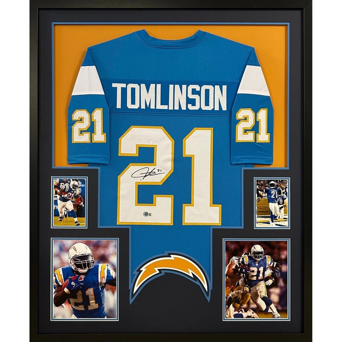 Framed Beckett Authenticated LaDainian Tomlinson Signed Chargers Jersey Display: Framed Beckett Authenticated LaDainian Tomlinson Signed Chargers Jersey Display This framed jersey features an authentic autograph by LaDainian Tomlinson, commemorating his time with the Chargers and