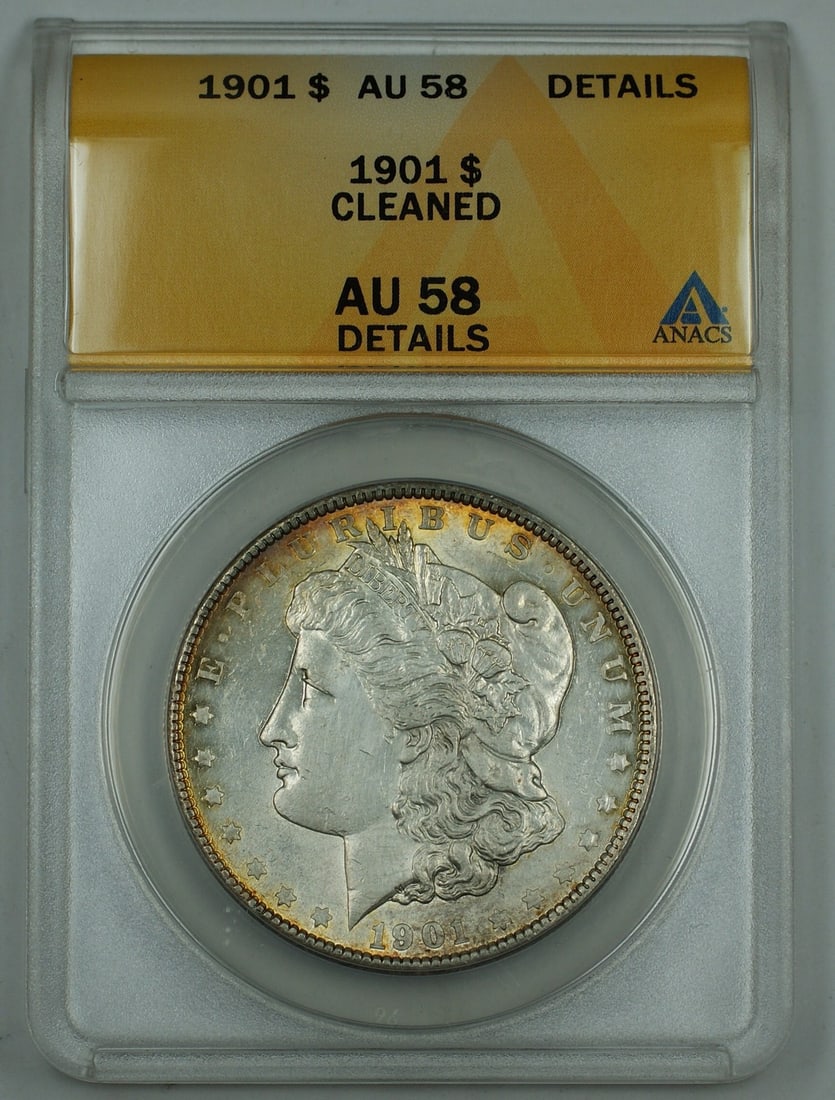 1901 Morgan Dollar ANACS AU-58 Details Silver Coin Philadelphia Cleaned Light Toning: 1901 Morgan Dollar ANACS AU-58 Details Silver Coin Philadelphia Cleaned Light Toning This is a 1901 Morgan Silver Dollar coin from the United States, graded AU-58 Details by ANACS. The coin has been c