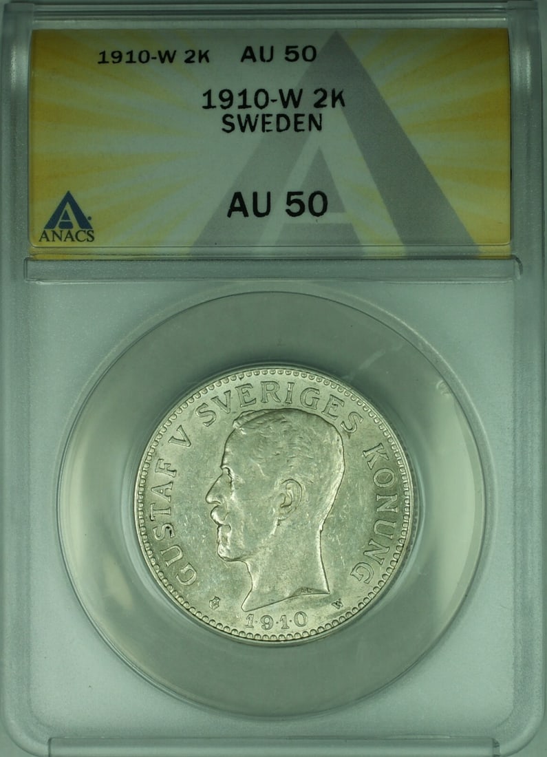 Sweden 1910 2 Kronor Silver Coin Gustav V ANACS AU-50: Sweden 1910 2 Kronor Silver Coin Gustav V ANACS AU-50 This 1910-W Sweden 2 Kronor silver coin features King Gustav V and has been graded AU-50 by ANACS. The coin is composed of 80% silver and originat