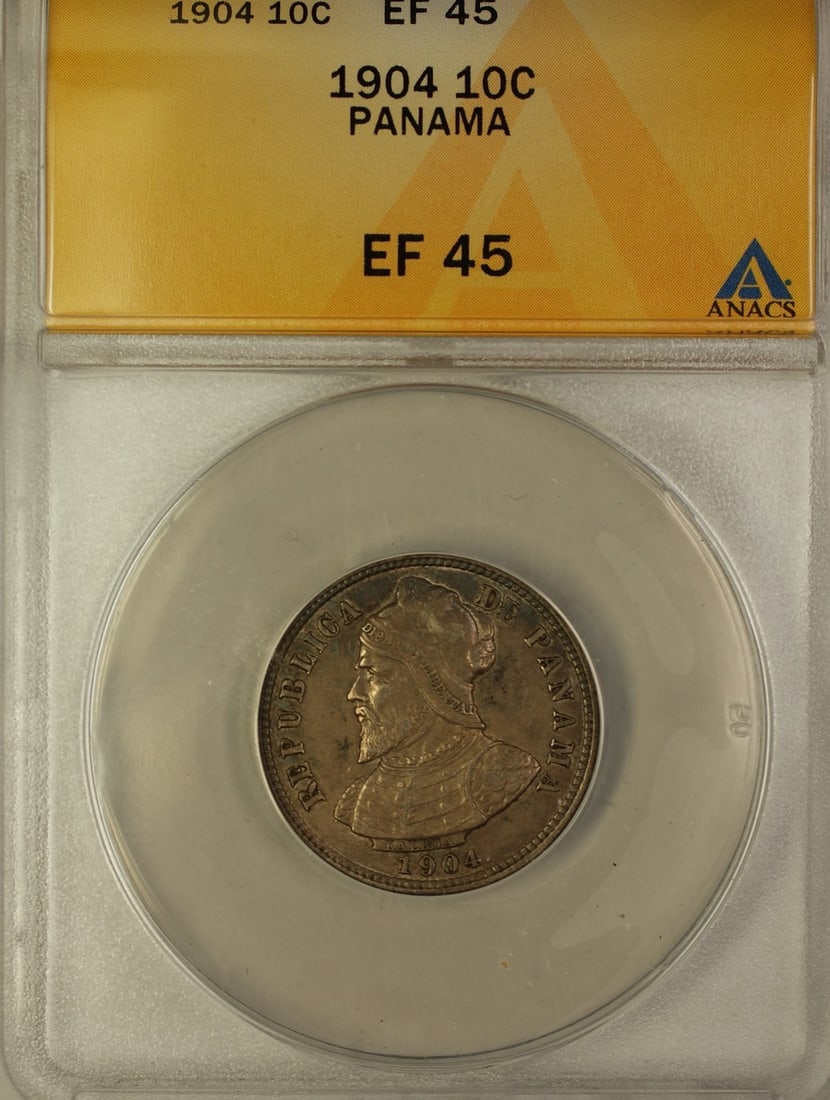 ANACS EF-45 Certified 1904 Panama 10 Centesimos Silver Coin: ANACS EF-45 Certified 1904 Panama 10 Centesimos Silver Coin This 1904 Panama 10 Centesimos de Balboa coin is composed of 90% silver. It has been certified by ANACS with a grade of EF-45, indicating it