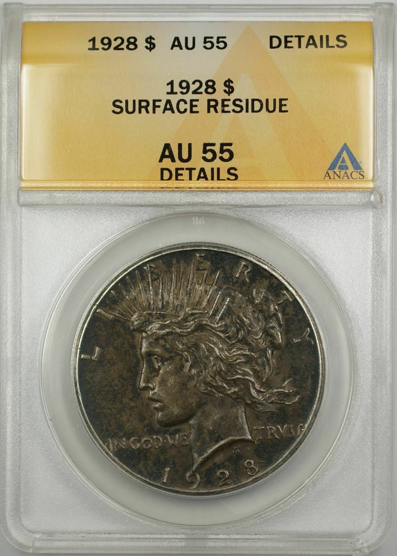 1928 ANACS AU 55 Peace Dollar Silver Coin With Surface Residue Details: 1928 ANACS AU 55 Peace Dollar Silver Coin With Surface Residue Details This 1928 Peace Silver Dollar coin from the United States is certified by ANACS with a grade of AU 55 and noted surface residue d