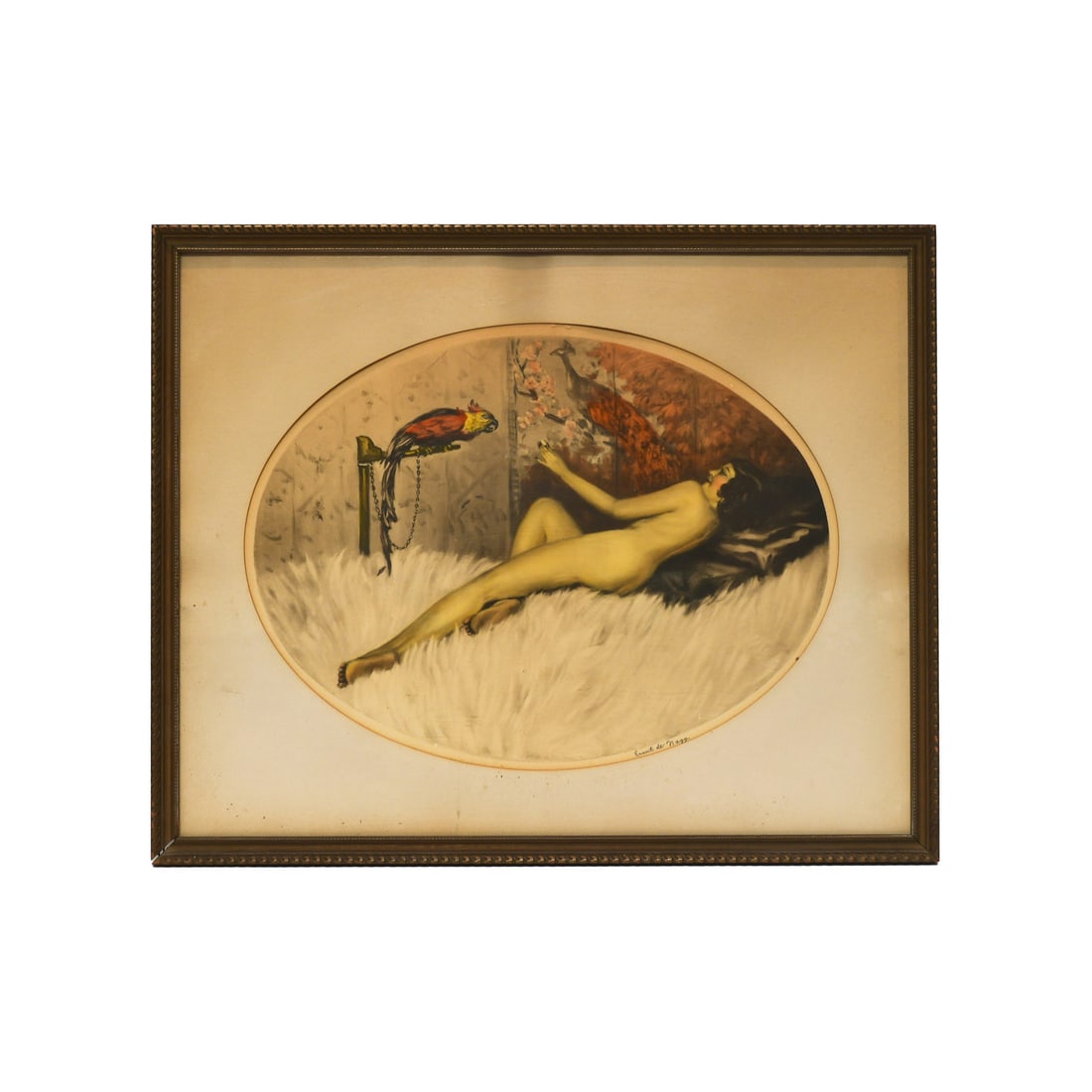 Framed Print Girl with Parrot by Ernest De Nagy Signed 29x24: Framed Print Girl with Parrot by Ernest De Nagy Signed 29x24 "Girl with Parrot" by Ernest De Nagy (1881-1951) is a framed and signed artwork that beautifully captures the bond between a young woman an