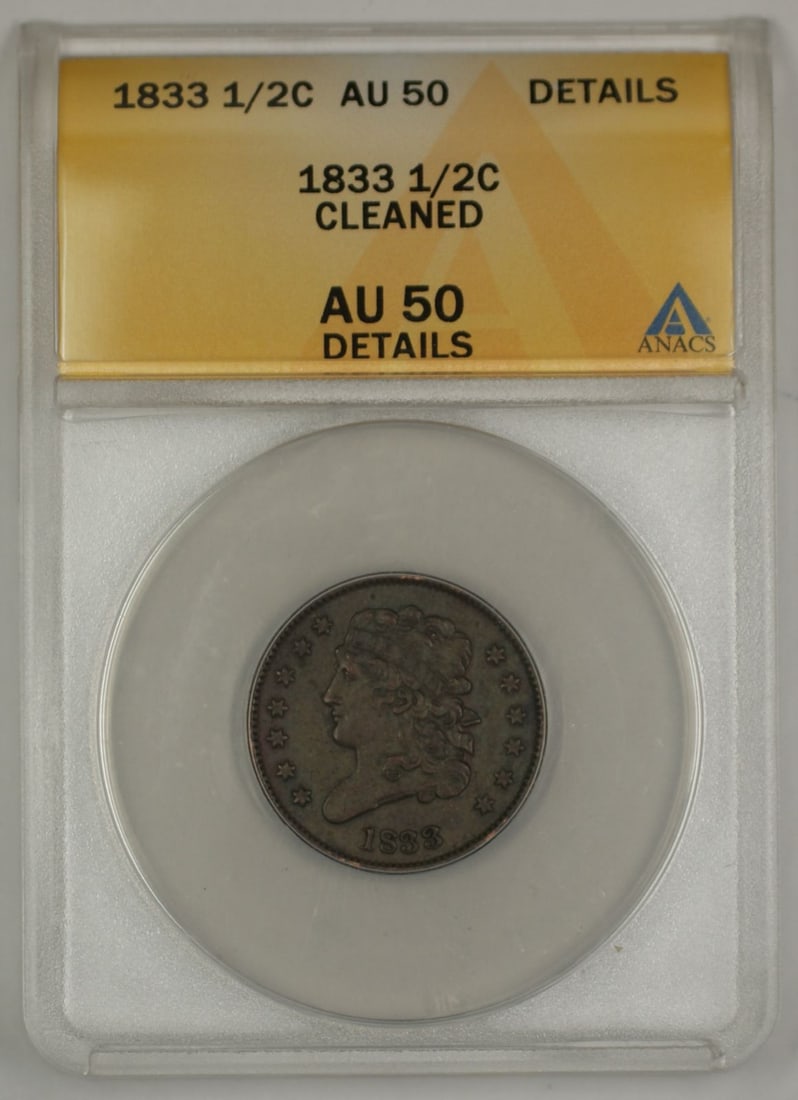 1833 ANACS AU-50 Classic Head Half Cent Copper Coin Cleaned: 1833 ANACS AU-50 Classic Head Half Cent Copper Coin Cleaned This 1833 Classic Head Half Cent features the iconic design and is certified by ANACS with a grade of AU-50 Details. The coin has been clean