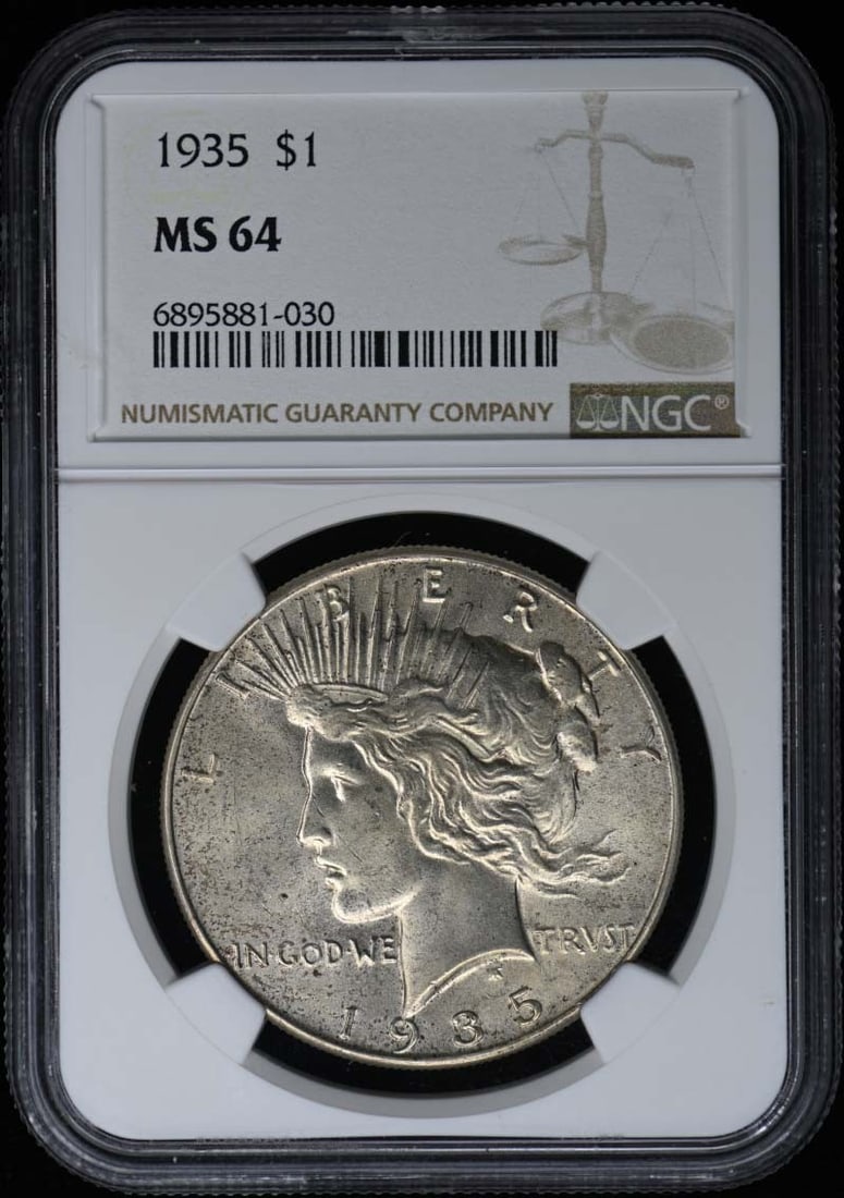 1935 NGC MS64 Peace Dollar Coin Certified Uncirculated: 1935 NGC MS64 Peace Dollar Coin Certified Uncirculated This 1935 Peace Dollar is a remarkable piece of numismatic history, certified by NGC with a grade of MS64. Struck in Philadelphia, this uncircula