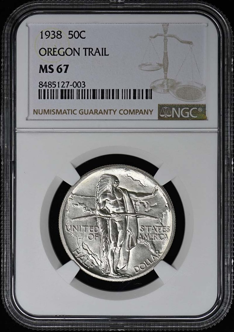 1938 Oregon Silver Half Dollar NGC MS67 Philadelphia Commemorative Coin: 1938 Oregon Silver Half Dollar NGC MS67 Philadelphia Commemorative Coin This 1938 Oregon Silver Commemorative 50-cent coin is graded MS67 by NGC and remains in uncirculated condition. Minted in Philad