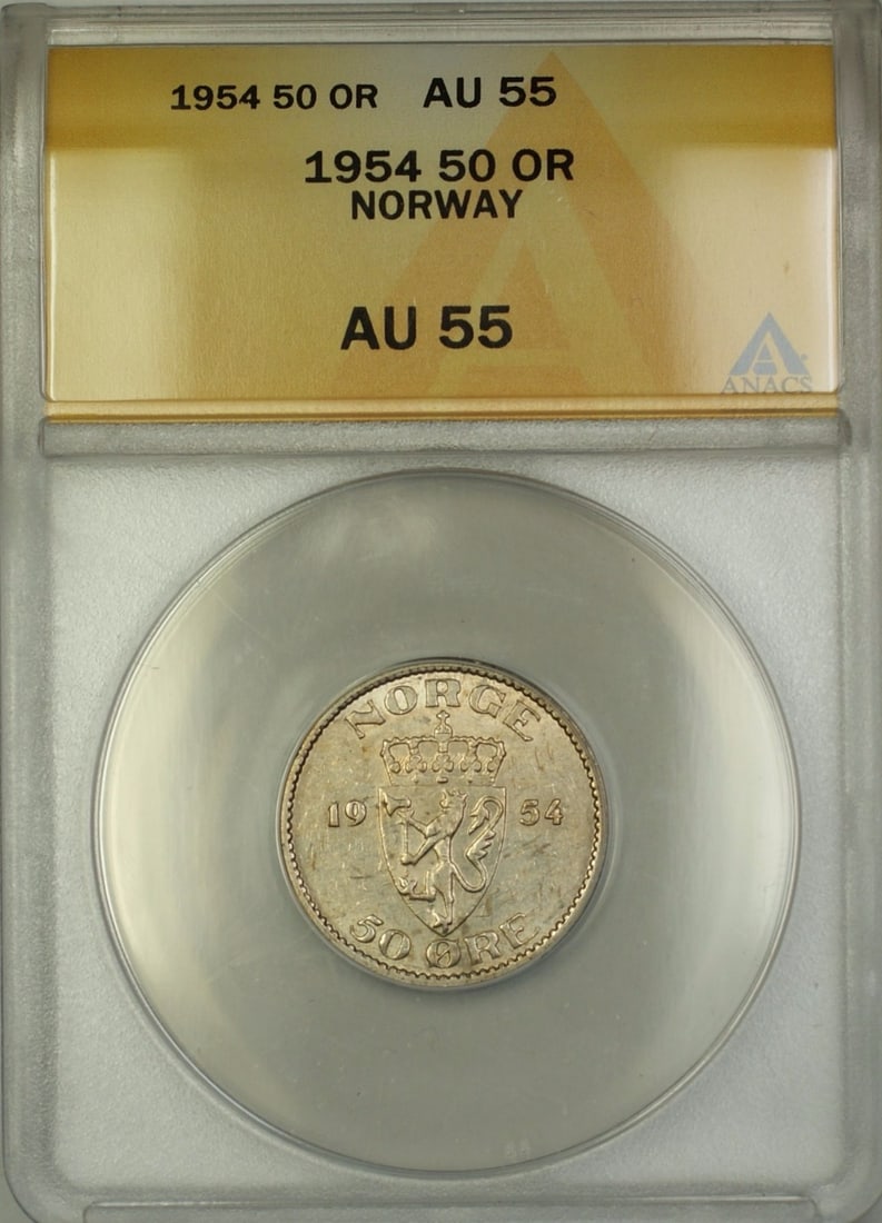 Norway 1954 50 Ore ANACS AU 55 Certified Coin: Norway 1954 50 Ore ANACS AU 55 Certified Coin This 1954 Norway 50 Ore coin has been certified by ANACS with a grade of AU-55, indicating it is in About Uncirculated condition. The coin is circulated a