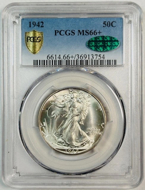 1942 Philadelphia Silver Half Dollar PCGS MS66 Plus CAC: 1942 Philadelphia Silver Half Dollar PCGS MS66 Plus CAC This 1942 Philadelphia Mint Walking Liberty Half Dollar is certified by PCGS with a grade of MS-66+ and has been approved by CAC. The coin is co