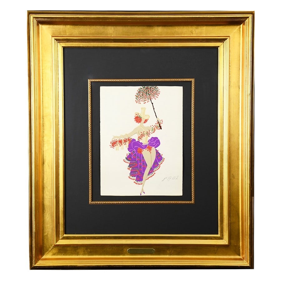 Erte 1957 Framed Gouache Art Deco Dancer with Umbrella Signed Original: Erte 1957 Framed Gouache Art Deco Dancer with Umbrella Signed Original This stunning 1950's gouache artwork titled "Dancer with Umbrella" by renowned artist Erte is a unique piece that captures the el