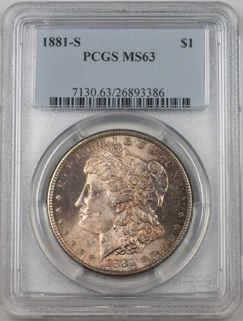 PCGS MS-63 1881-S Morgan Dollar Silver Coin from San Francisco Mint: PCGS MS-63 1881-S Morgan Dollar Silver Coin from San Francisco Mint This is an 1881-S US Morgan Silver Dollar $1 coin, certified by PCGS with a grade of MS-63. Minted in San Francisco, this uncirculat