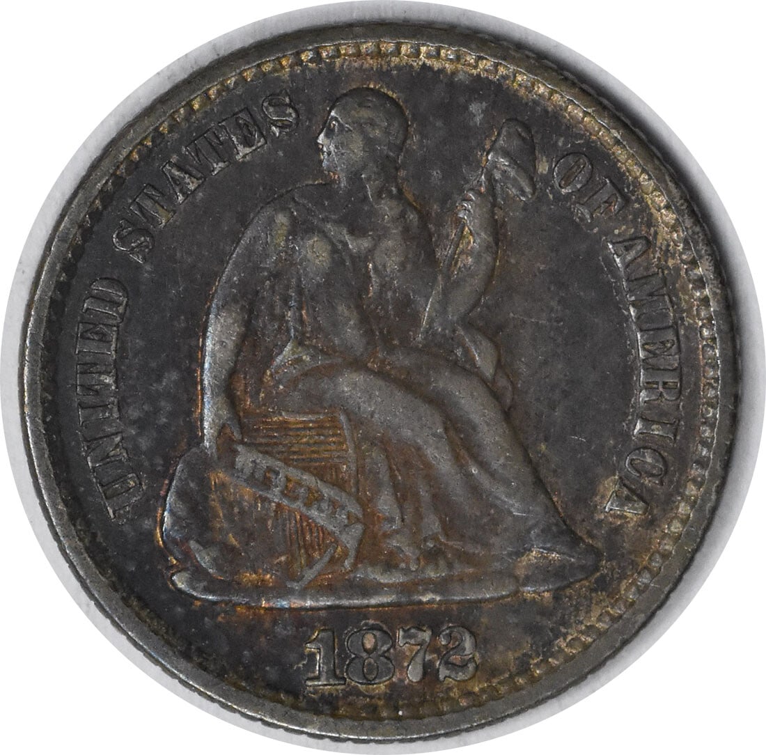 1872 Liberty Seated Silver Half Dime AU Uncertified 90% Silver: 1872 Liberty Seated Silver Half Dime AU Uncertified 90% Silver This 1872 Liberty Seated Silver Half Dime showcases a striking design by renowned engravers Robert Ball Hughes and Christian Gobrecht. Mi