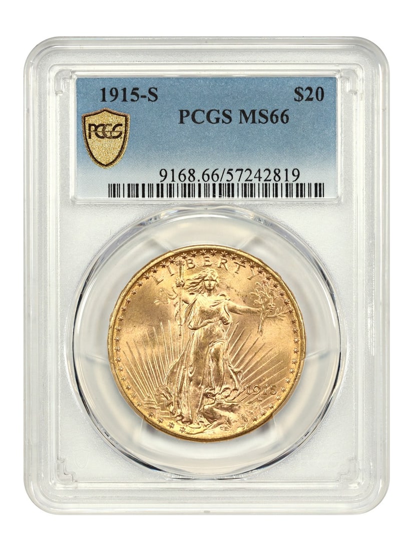 1915-S St. Gaudens $20 Coin PCGS MS66 Premium Gem: 1915-S St. Gaudens $20 Coin PCGS MS66 Premium Gem This 1915-S $20 St. Gaudens coin is certified by PCGS with a grade of MS66, indicating a premium gem condition. Struck at the San Francisco mint, this