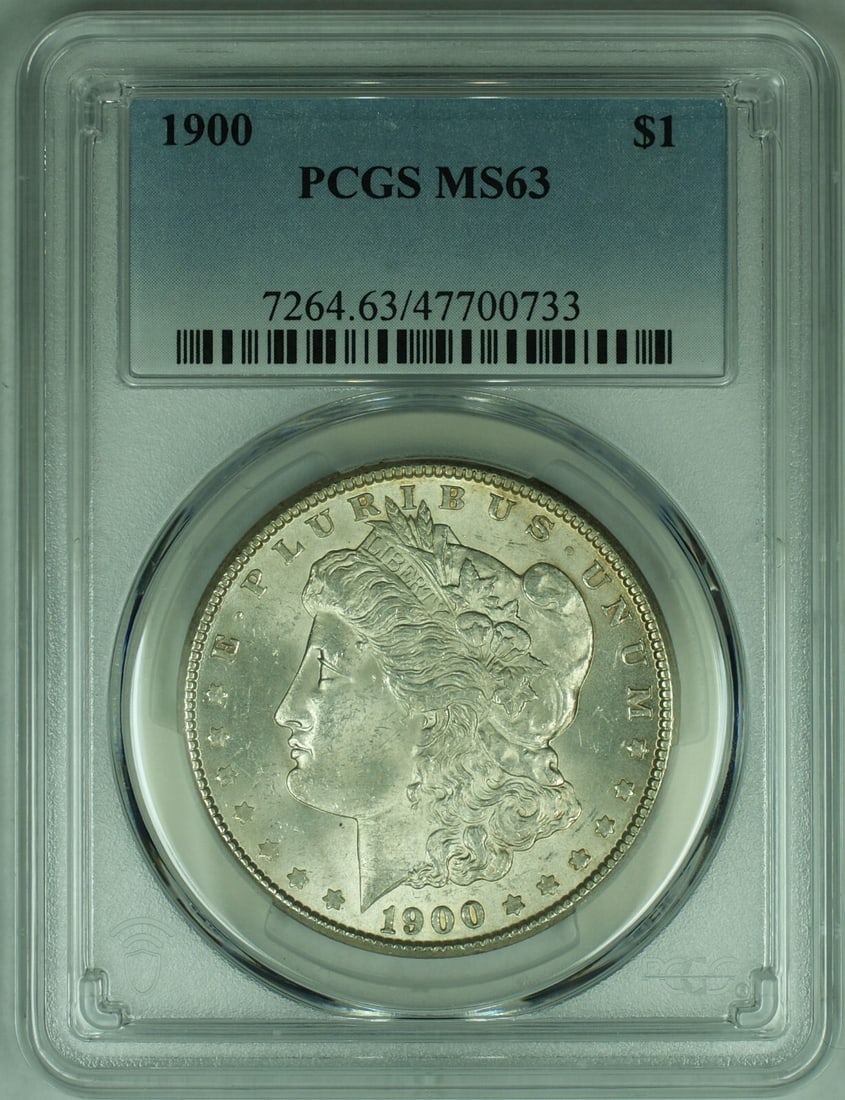 PCGS MS 63 Certified 1900 Morgan Silver Dollar Coin from United States: PCGS MS 63 Certified 1900 Morgan Silver Dollar Coin from United States This is a 1900 Morgan Silver Dollar coin from the United States, certified by PCGS with a grade of MS 63. The coin is composed of
