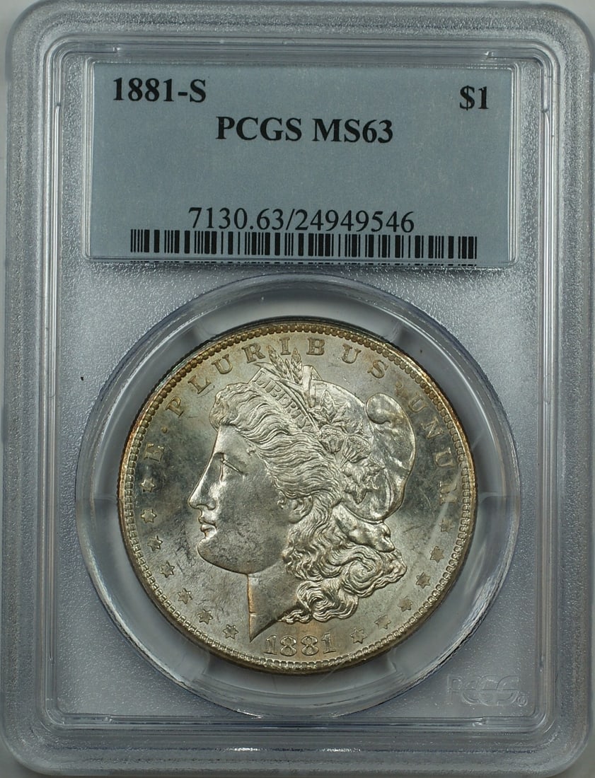 PCGS MS-63 1881-S Morgan Silver Dollar Uncirculated San Francisco Mint: PCGS MS-63 1881-S Morgan Silver Dollar Uncirculated San Francisco Mint This is an uncirculated 1881-S Morgan Silver Dollar certified by PCGS with a grade of MS-63. Minted in San Francisco, this coin i