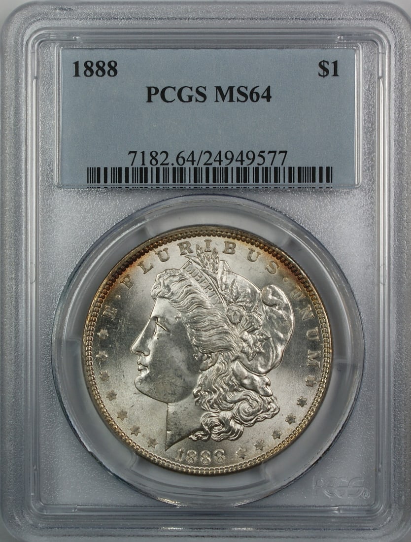 PCGS MS-64 1888 Morgan Dollar from Philadelphia Mint: PCGS MS-64 1888 Morgan Dollar from Philadelphia Mint This is an 1888 Morgan Silver Dollar graded MS-64 by PCGS. Minted in Philadelphia, this uncirculated coin is composed of 90% silver and represents