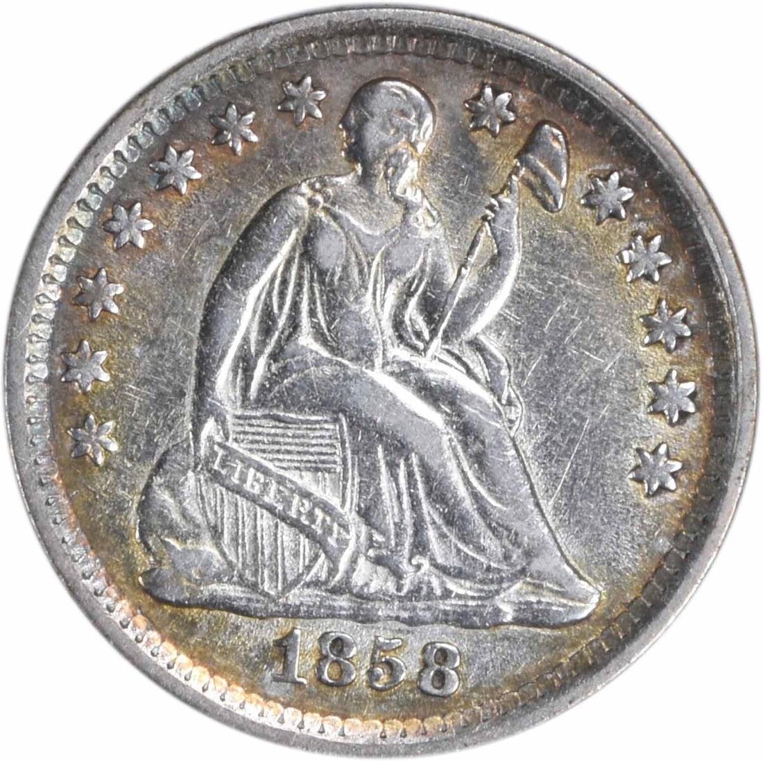 1858 Liberty Seated Half Dime 90% Silver Christian Gobrecht Design: 1858 Liberty Seated Half Dime 90% Silver Christian Gobrecht Design This 1858 Liberty Seated Silver Half Dime features a detailed design by Christian Gobrecht and showcases a rich historical significan