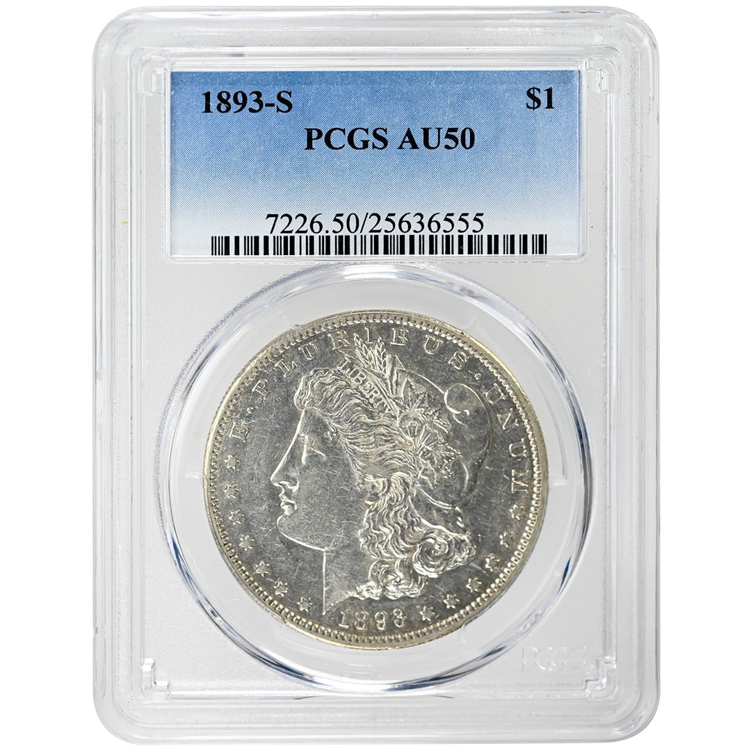 PCGS AU50 1893-S Morgan Silver Dollar Key Date Certified Rare Coin: PCGS AU50 1893-S Morgan Silver Dollar Key Date Certified Rare Coin This 1893-S Morgan Dollar is a rare silver coin, graded AU50 by PCGS. Struck in San Francisco, it features a circulated condition and