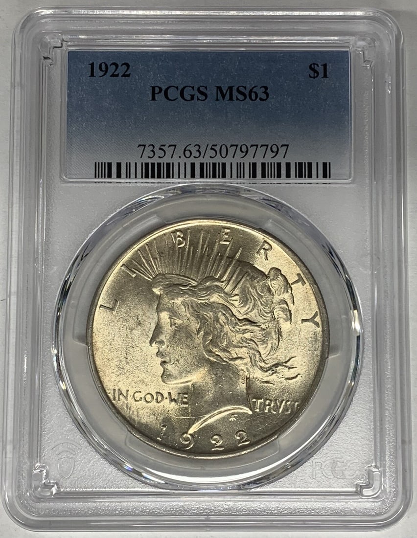 PCGS MS 63 Peace Dollar Silver Coin 1922 United States Certified: PCGS MS 63 Peace Dollar Silver Coin 1922 United States Certified This is a 1922 Peace Silver Dollar coin from the United States, graded MS 63 by PCGS. The coin is composed of silver and is uncirculate