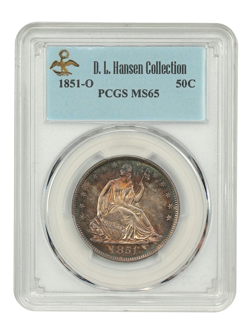 1851-O 50C Liberty Seated Half Dollar PCGS MS65 Ex D.L. Hansen: 1851-O 50C Liberty Seated Half Dollar PCGS MS65 Ex D.L. Hansen This 1851-O 50C Liberty Seated Half Dollar is a stunning example of numismatic excellence, graded MS65 by PCGS. With a limited mintage of