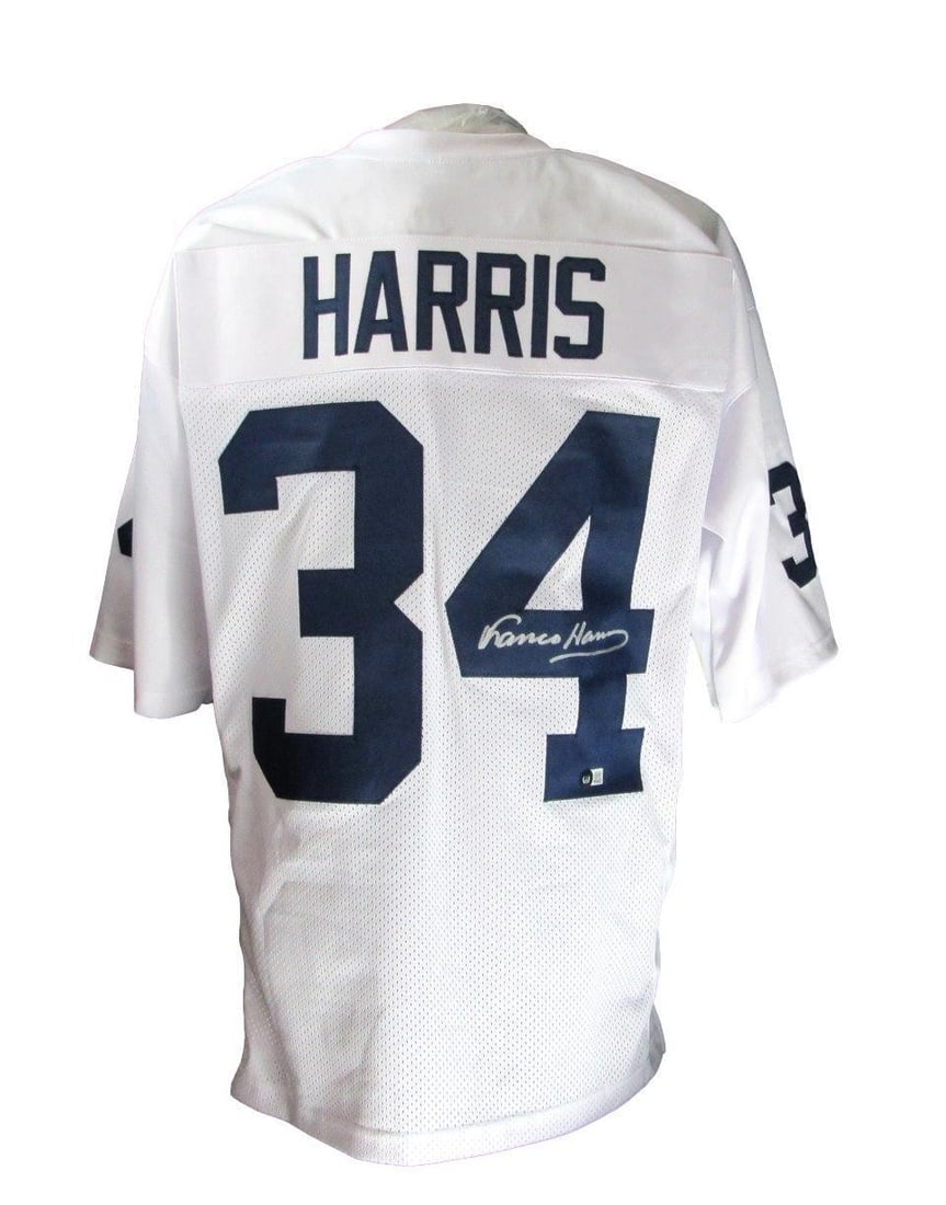 Signed Custom Penn State Football Jersey by Franco Harris Beckett Authenticated: Signed Custom Penn State Football Jersey by Franco Harris Beckett Authenticated This is a Franco Harris Signed White Custom Football Jersey, representing the Penn State Nittany Lions. The jersey is au