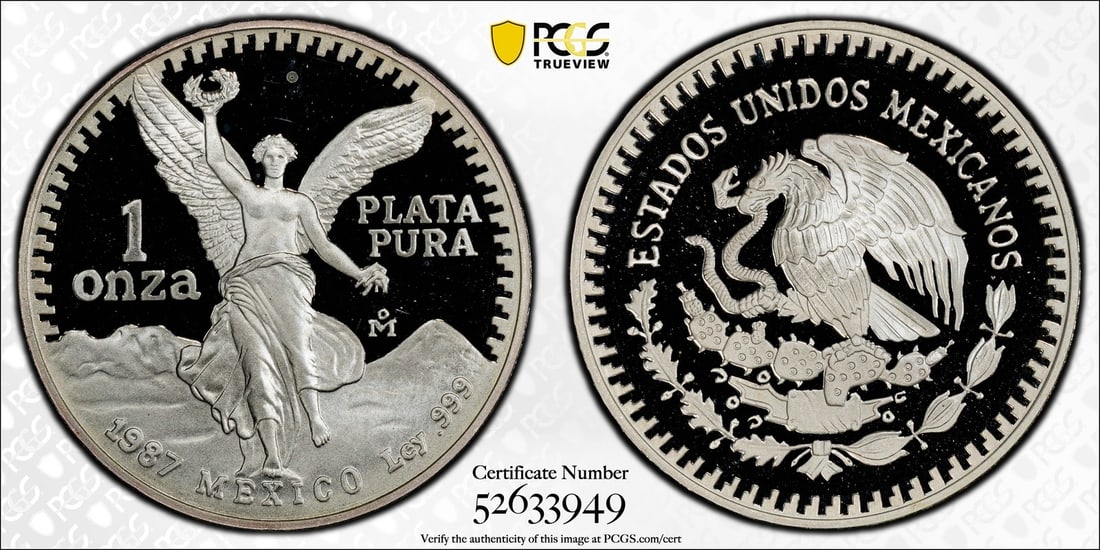 1987 Mexican Libertad 1 oz Silver Proof PCGS PR68 DCAM: 1987 Mexican Libertad 1 oz Silver Proof PCGS PR68 DCAM This stunning 1987 Mexican Libertad coin features a composition of 1 oz of .999 fine silver and has been graded as PR 68 by PCGS, indicating its