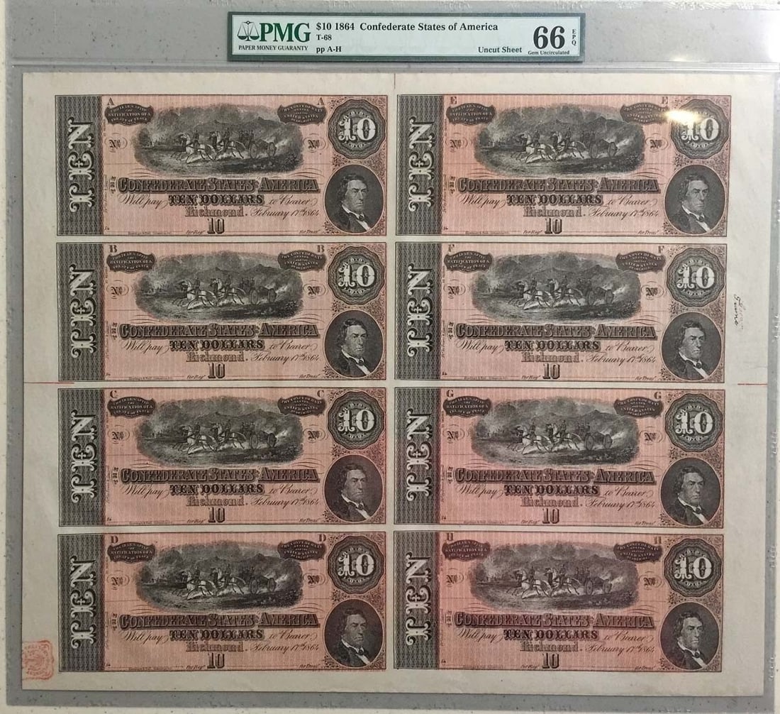 1864 $10 Confederate T-68 Uncut Sheet of 8 PMG MS66 EPQ (1 of 2)