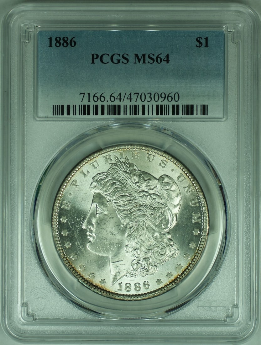 PCGS MS-64 1886 Morgan Silver Dollar Philadelphia Mint Certified: PCGS MS-64 1886 Morgan Silver Dollar Philadelphia Mint Certified This 1886 Morgan Silver Dollar coin is certified by PCGS with a grade of MS-64. Struck in Philadelphia, it is composed of 90% silver an