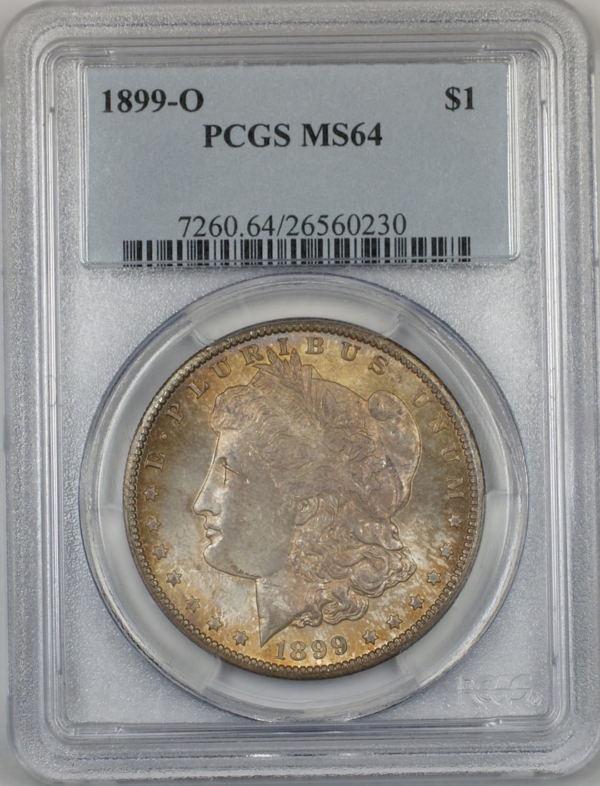 PCGS MS64 1899-O Silver Morgan Dollar with Attractive Toning: PCGS MS64 1899-O Silver Morgan Dollar with Attractive Toning This 1899-O Morgan Silver Dollar features beautiful toning and is graded MS-64 by PCGS. Struck at the New Orleans Mint, this uncirculated c