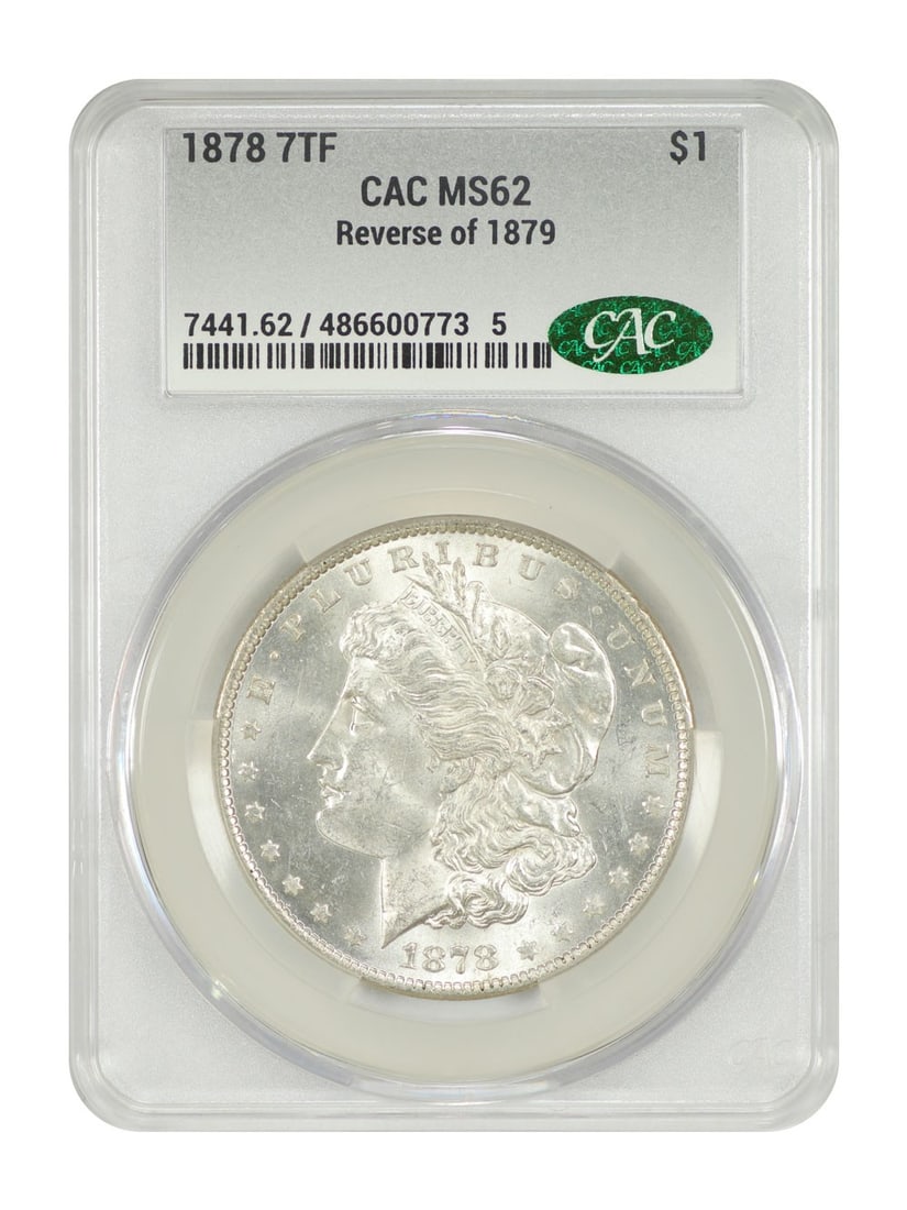 CACG MS62 1878 7 Tail Feathers Morgan Silver Dollar Reverse of 1879: CACG MS62 1878 7 Tail Feathers Morgan Silver Dollar Reverse of 1879 This is an 1878 Morgan Dollar featuring the 7 Tail Feathers and the Reverse of 1879 variety. The coin is certified by CACG and grade