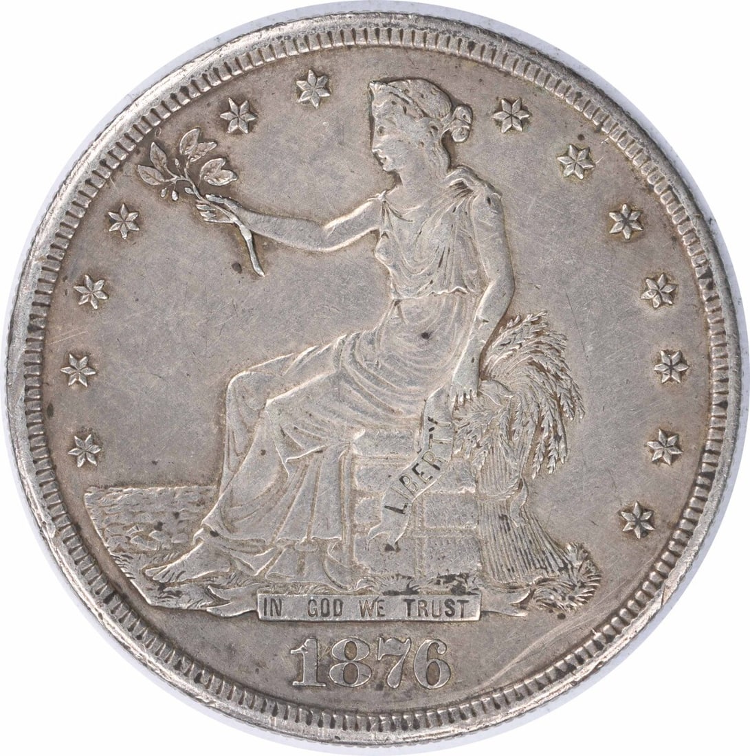 1876-S Trade Silver Dollar 90% Silver William Barber Design: 1876-S Trade Silver Dollar 90% Silver William Barber Design This 1876-S Trade Silver Dollar is a choice example of a historical coin, featuring a stunning design by William Barber. It was minted in Sa