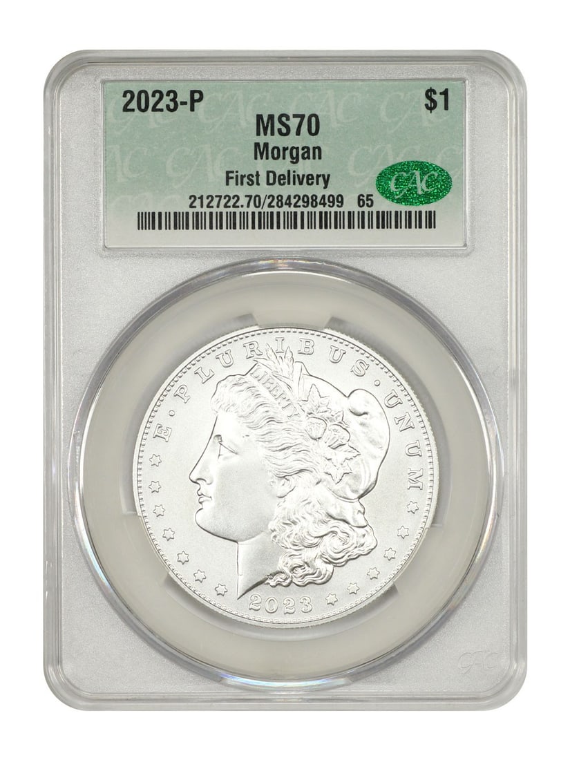 Morgan Dollar 2023 Philadelphia CACG MS70 First Delivery Silver $1 Coin: Morgan Dollar 2023 Philadelphia CACG MS70 First Delivery Silver $1 Coin This 2023-P Morgan Dollar is a modern commemorative coin struck at the Philadelphia Mint. Graded MS70 by CACG, it is certified a