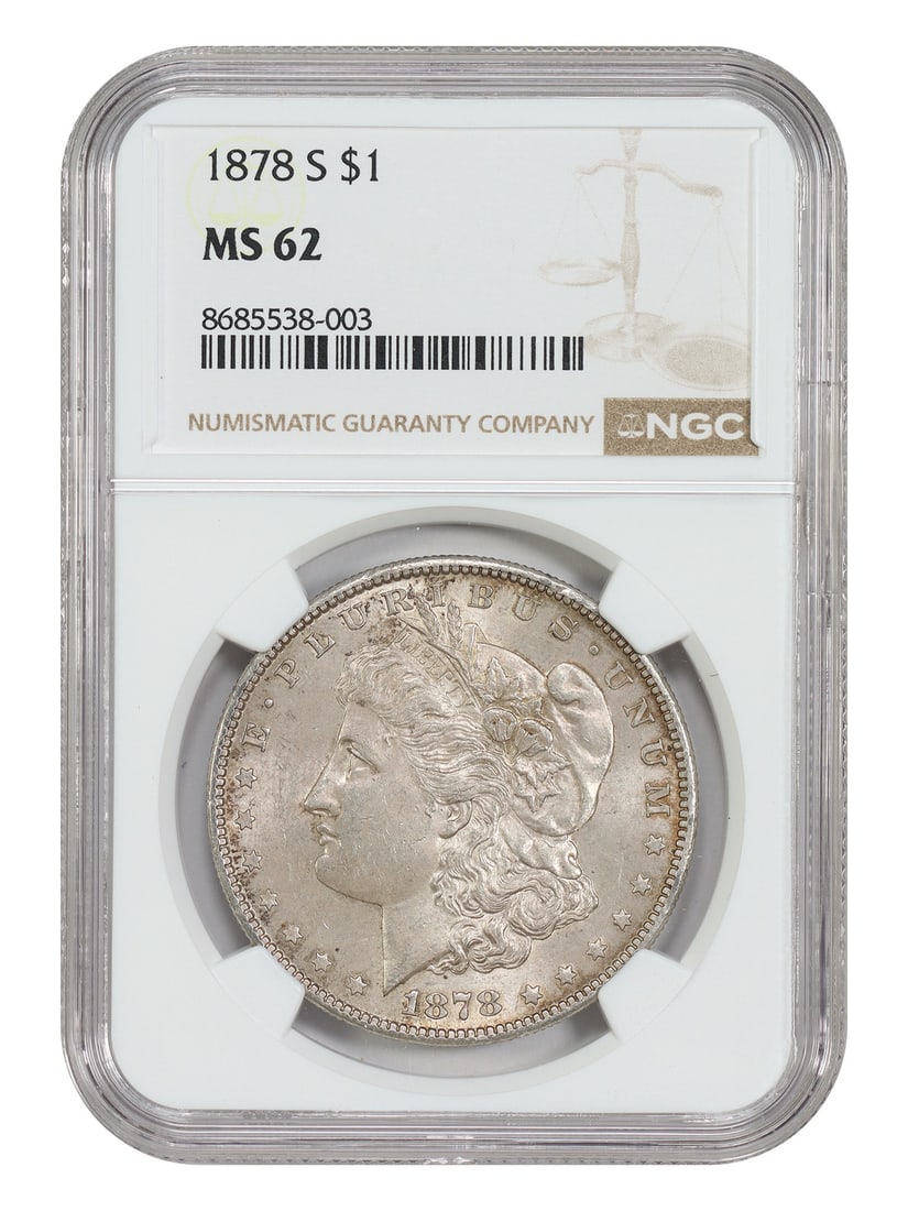 NGC MS62 1878 San Francisco Morgan Silver Dollar: NGC MS62 1878 San Francisco Morgan Silver Dollar This is an un-used 1878-S Morgan Dollar graded MS62 by NGC. Minted in San Francisco, this silver dollar is part of the Morgan Dollar series and has bee