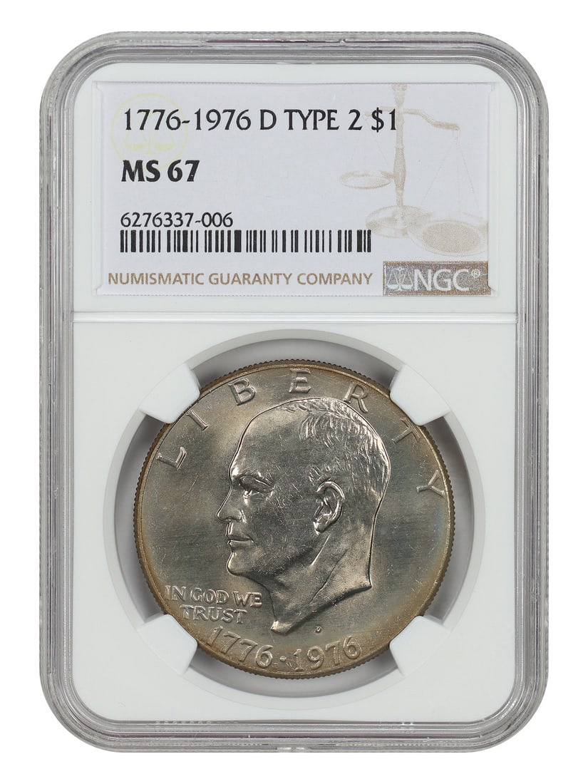 NGC MS67 1976-D Eisenhower Dollar Type 2 Uncirculated: NGC MS67 1976-D Eisenhower Dollar Type 2 Uncirculated This is a 1976-D Eisenhower Dollar graded MS67 by NGC. The coin is uncirculated and features moderate toning with intense luster. It was struck at