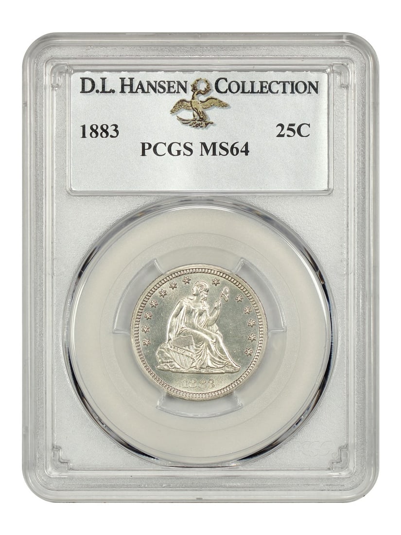 1883 Liberty Seated Quarter 25C PCGS MS64 D.L. Hansen Scarce Date: 1883 Liberty Seated Quarter 25C PCGS MS64 D.L. Hansen Scarce Date This 1883 Liberty Seated Quarter is a remarkable piece certified by PCGS with a grade of MS64, indicating its uncirculated condition.