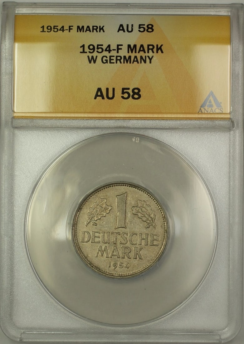 ANACS AU 58 1954-F One Mark Coin from West Germany: ANACS AU 58 1954-F One Mark Coin from West Germany This 1954-F West Germany 1 Mark coin has been certified by ANACS with a grade of AU 58. It is a circulated coin from Germany, dated 1954, and remains