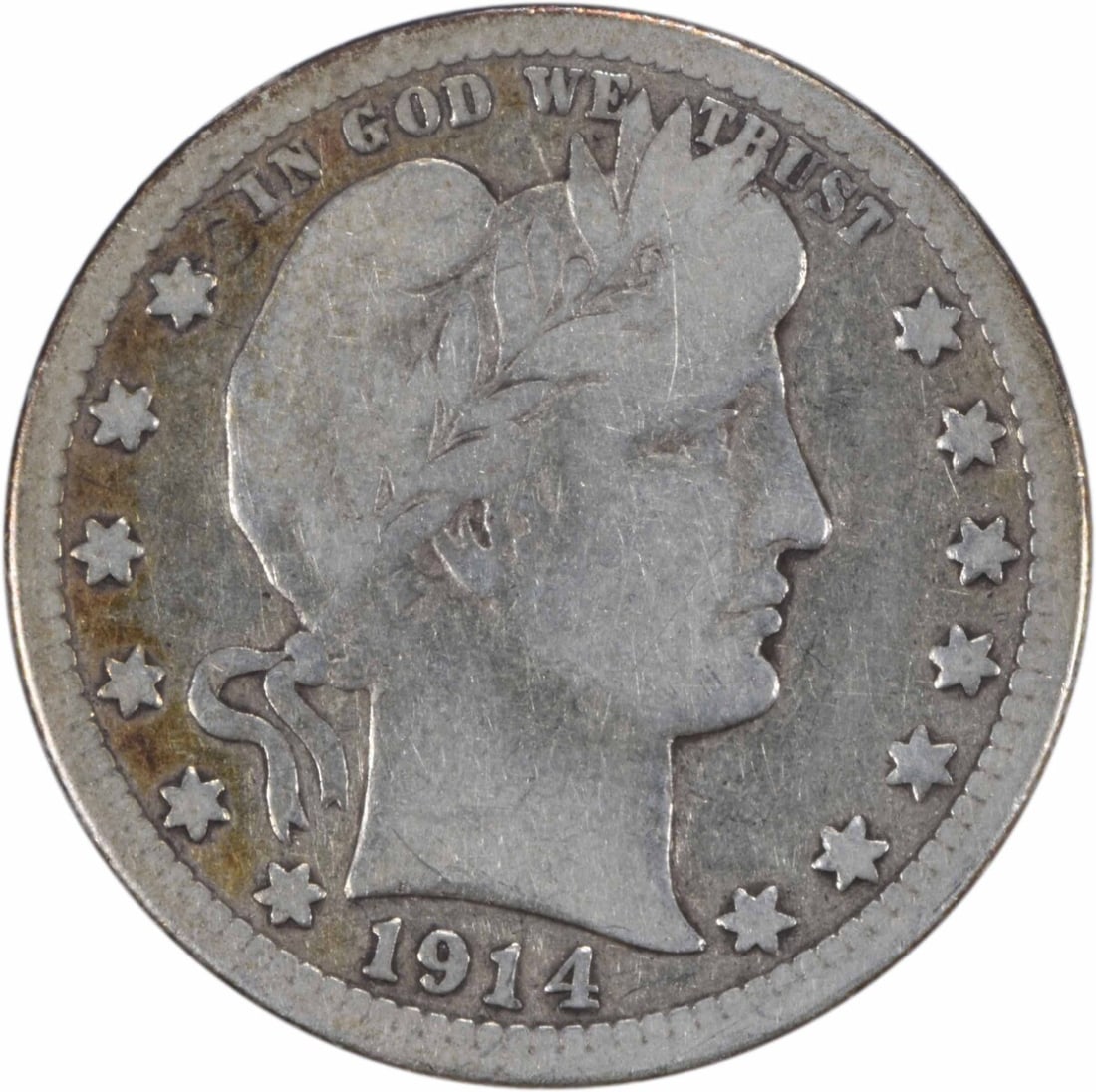 1914-S Barber Silver Quarter 90% Silver VG Uncertified: 1914-S Barber Silver Quarter 90% Silver VG Uncertified This 1914-S Barber Silver Quarter is a remarkable piece of numismatic history. Struck at the San Francisco Mint, this coin features the iconic Ba